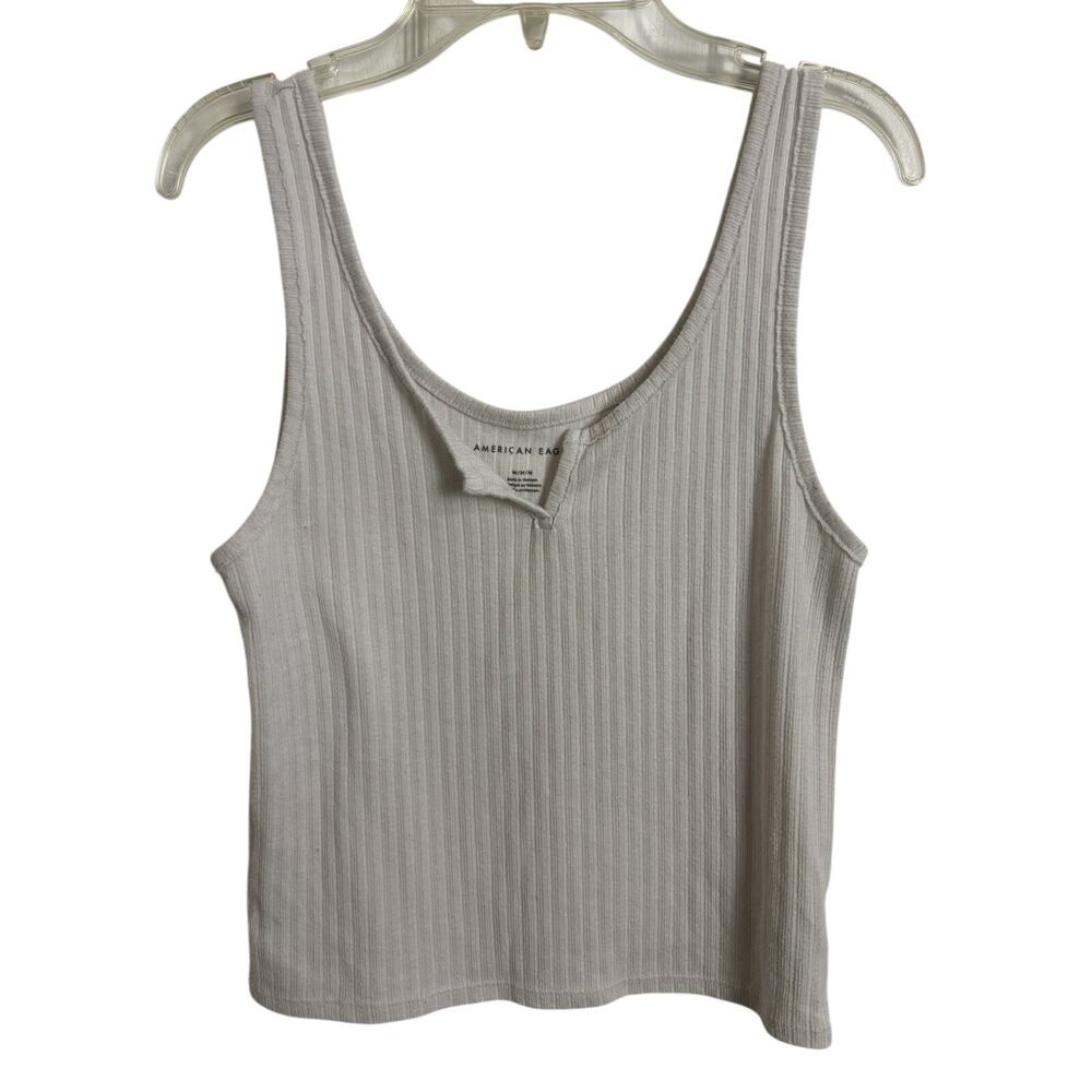 American Eagle White Ribbed Cropped Tank Top Size Medium Vacation Beach